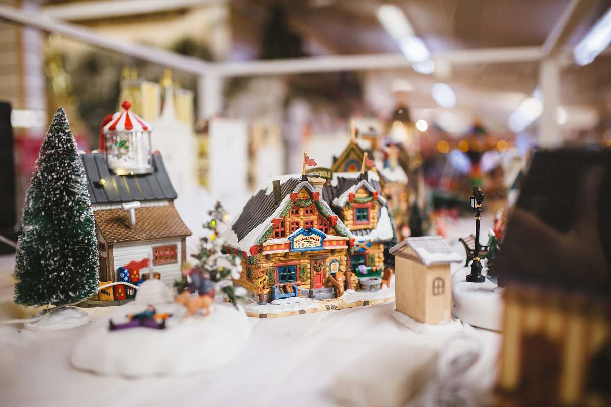 christmas tree miniature house on white table ornament